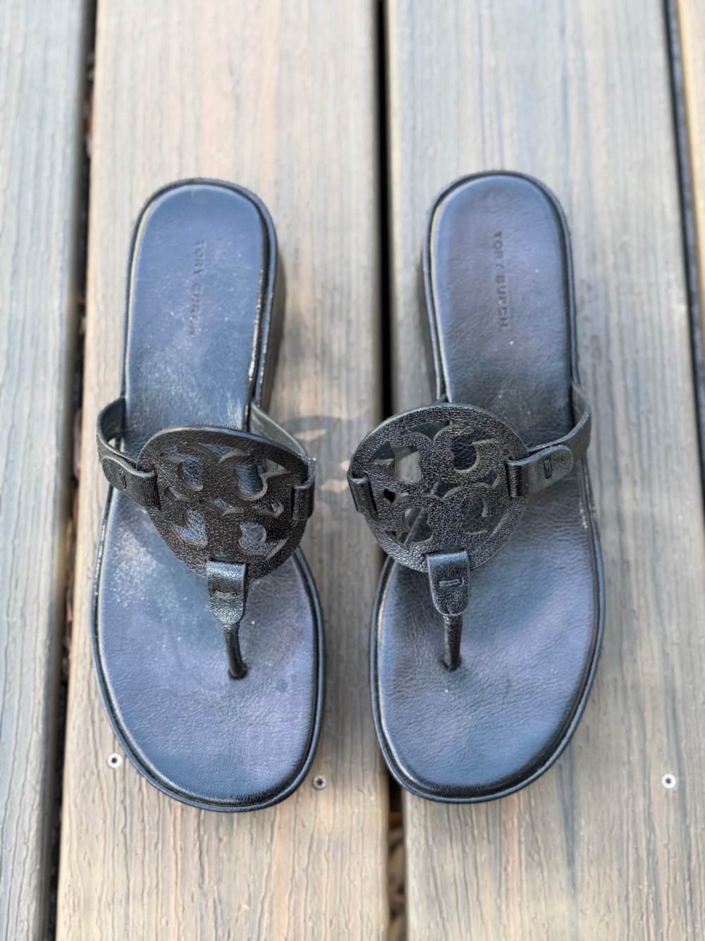 Tory Burch Miller Black Leather Logo Sandals Size 9